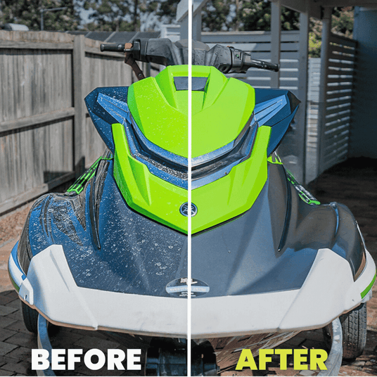 Before and after using Salt Shift cleaner on a jet ski, removing salt buildup and restoring a bright, polished finish.