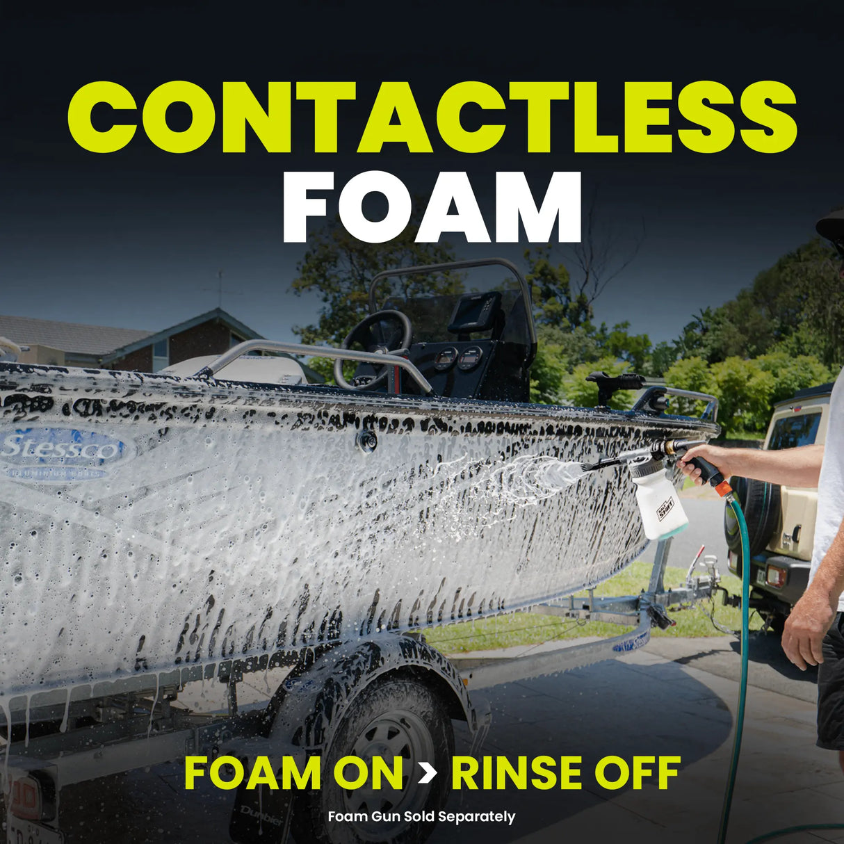 Person washing a vehicle with contactless foam system, text 'Contactless Foam' and 'Foam On > Rinse Off' displayed.