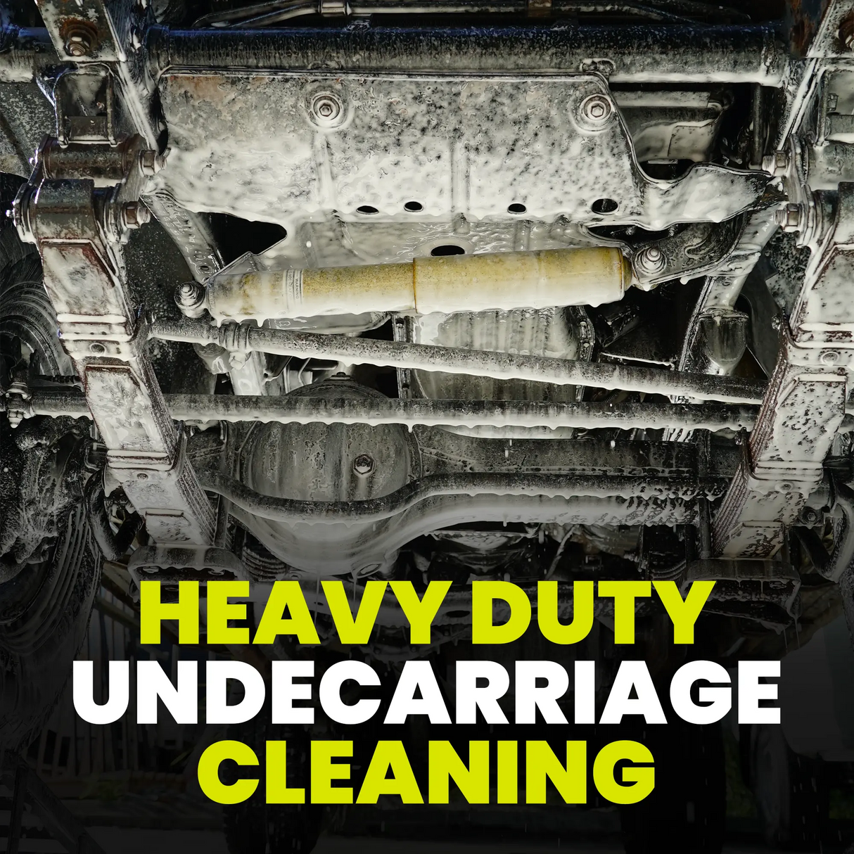 Heavy-duty undecarriage cleaning service advertisement with mechanical components.