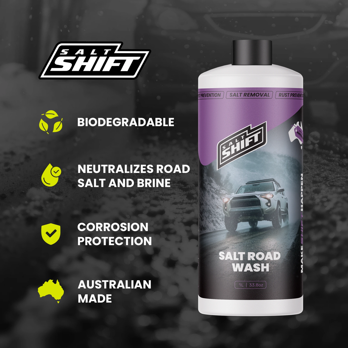 Salt Shift salt road wash bottle with features listed on a dark background