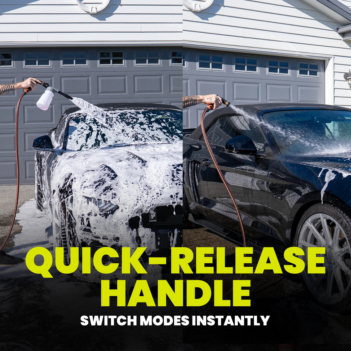 Car being washed with a pressure washer in front of a garage, highlighting the quick-release handle feature.