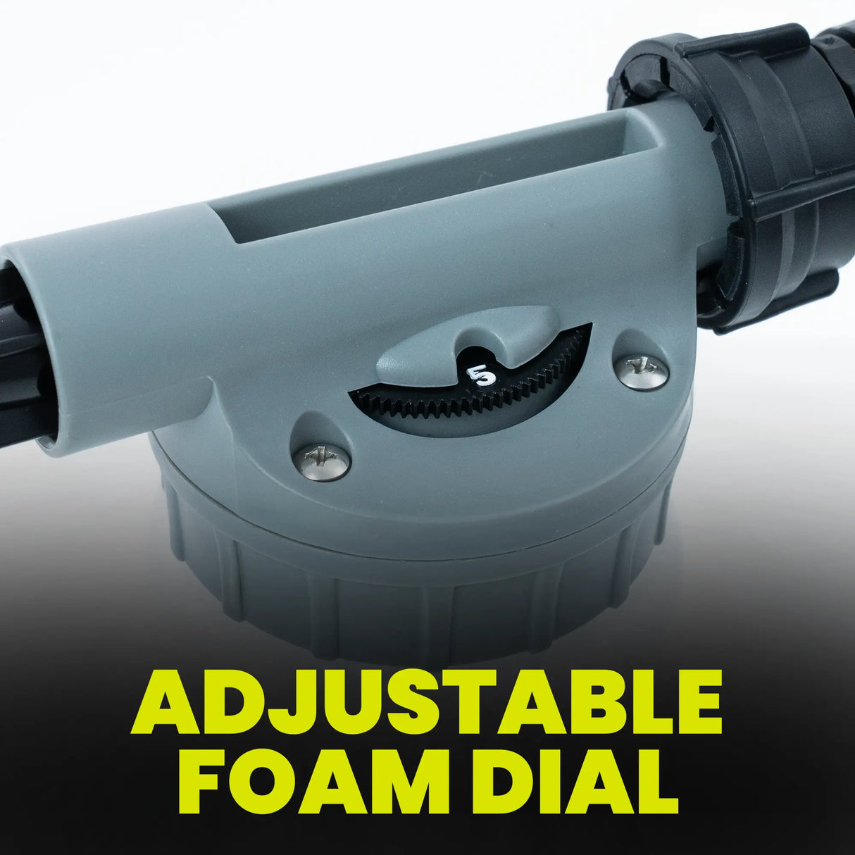 Gray foam cannon with adjustable foam dial on a gradient background