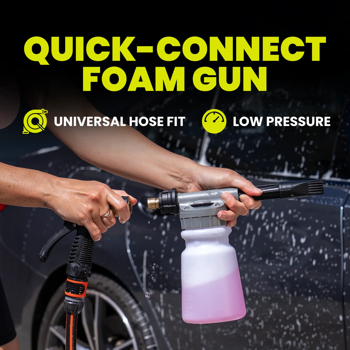 Quick-connect foam gun being used on a car with text highlighting features.