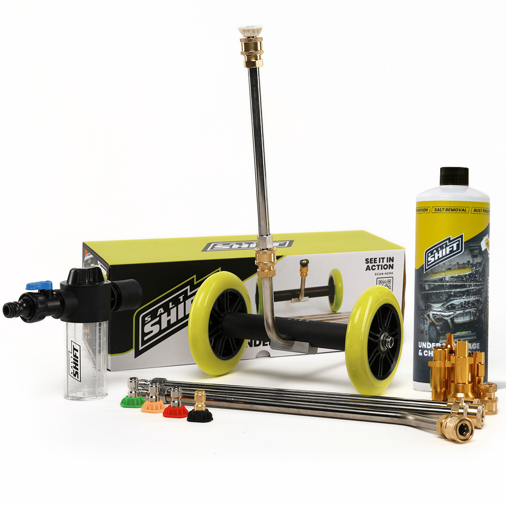 Car wash system with wheels, hoses, and a bottle on a white background