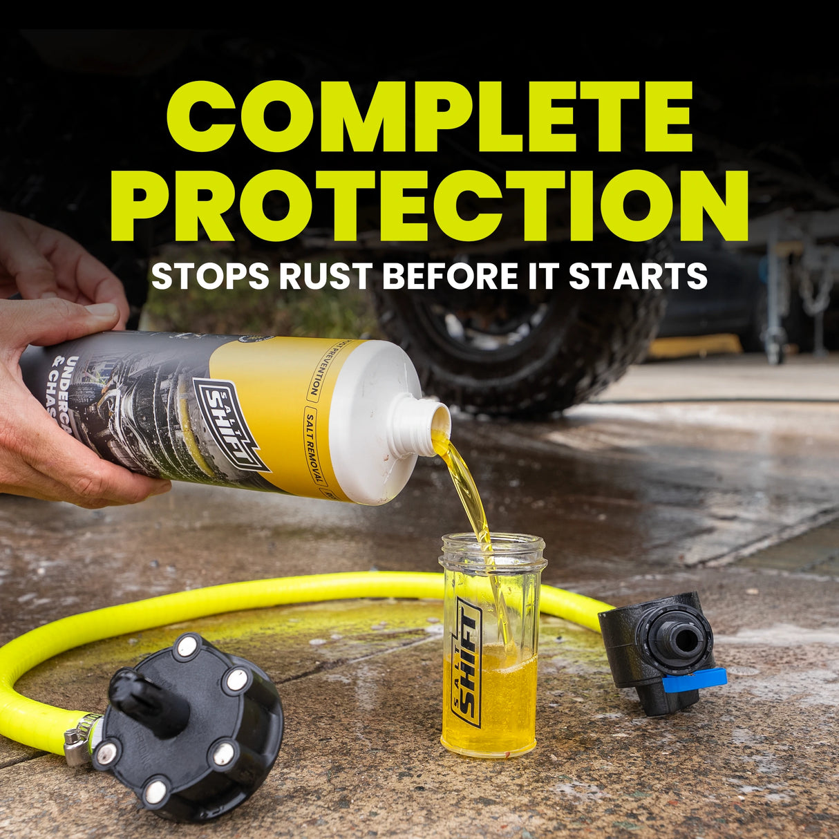 Person pouring yellow liquid from a bottle labeled 'SHIFT' into a small container on a concrete surface with text about rust protection.