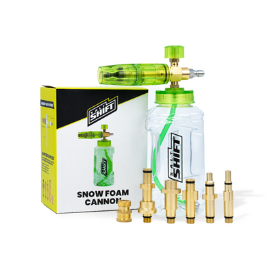 Shift snow foam cannon with accessories and packaging on a white background