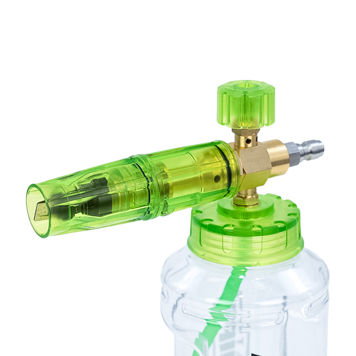 Clear water bottle with a green and gold spray nozzle on a white background