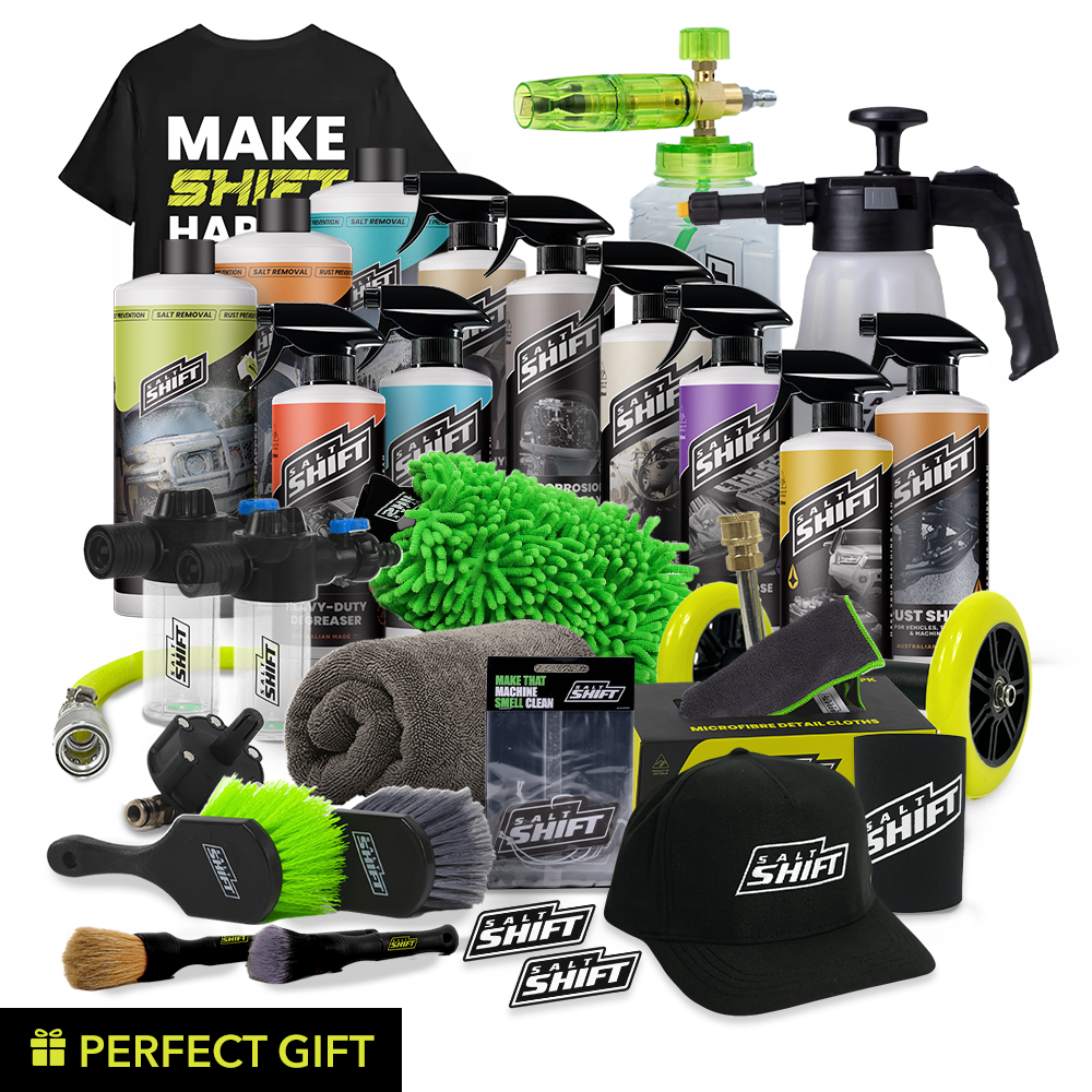 Collection of car care products and accessories with 'Shift' branding on a white background.