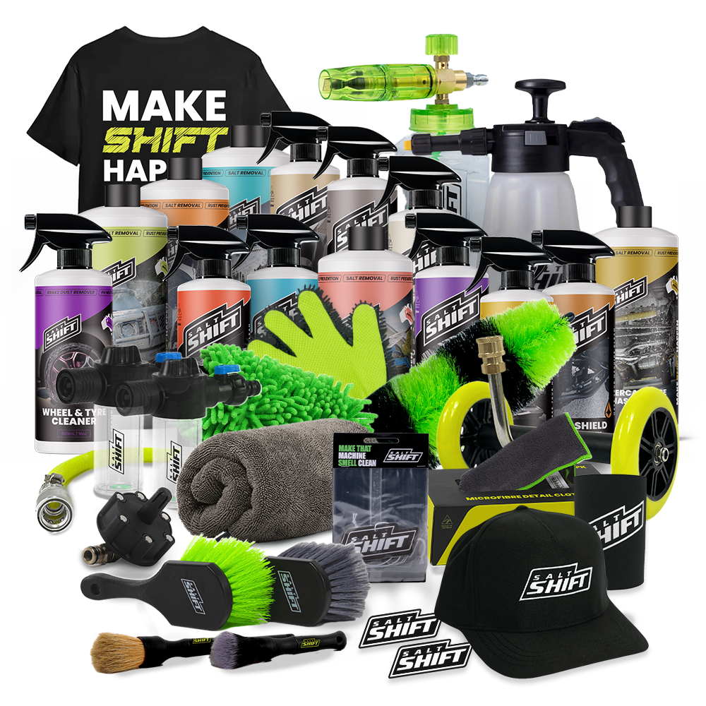 Collection of car care products and accessories with 'Shift' branding on a white background.