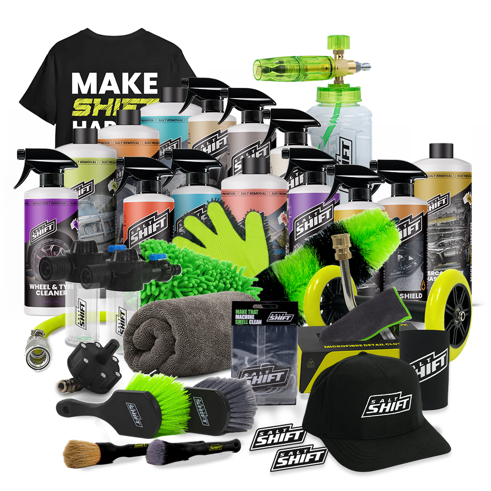 Collection of car care products and accessories with 'Shift' branding on a white background.