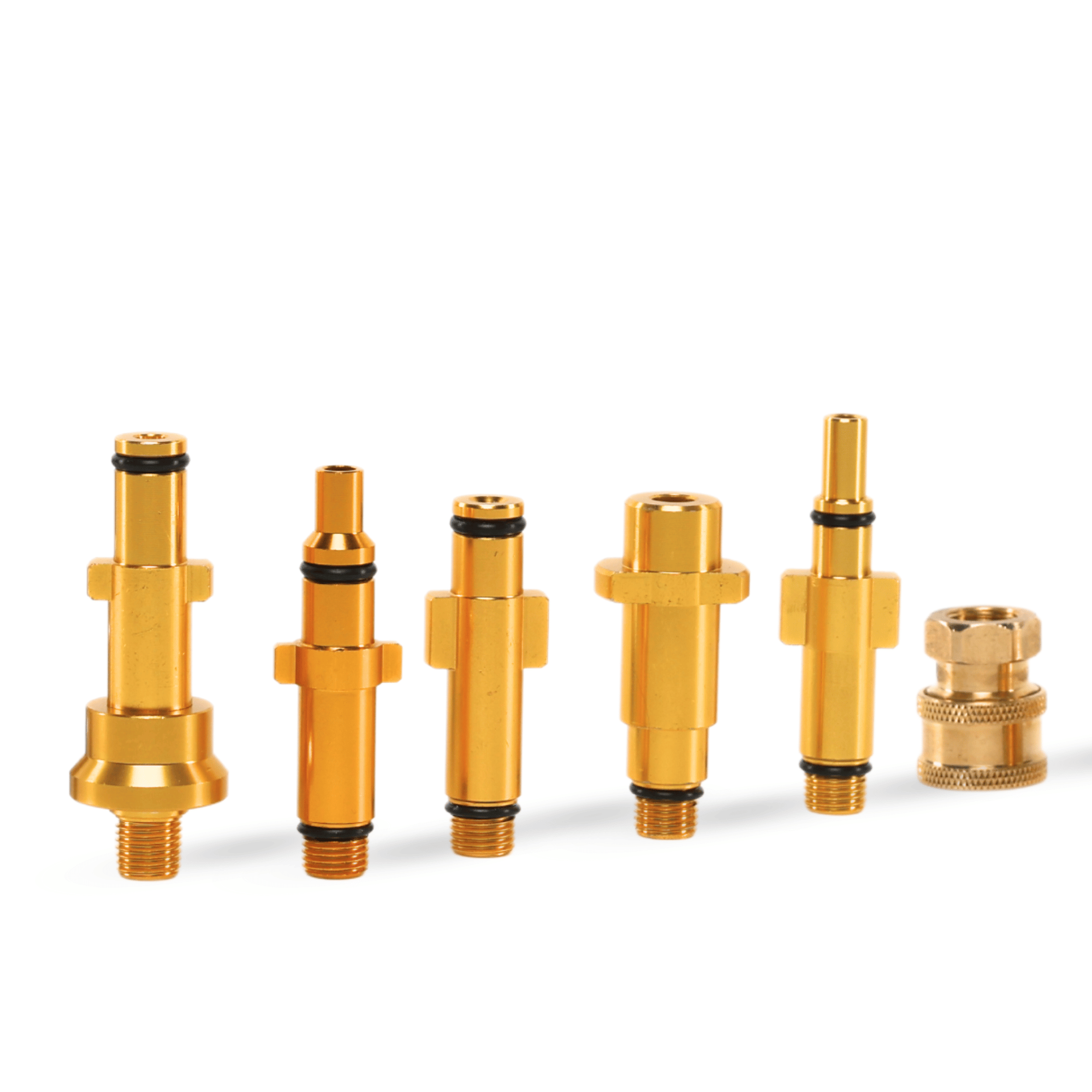 Set of brass pressure washer adaptors with O-rings, designed for high-pressure cleaning systems.