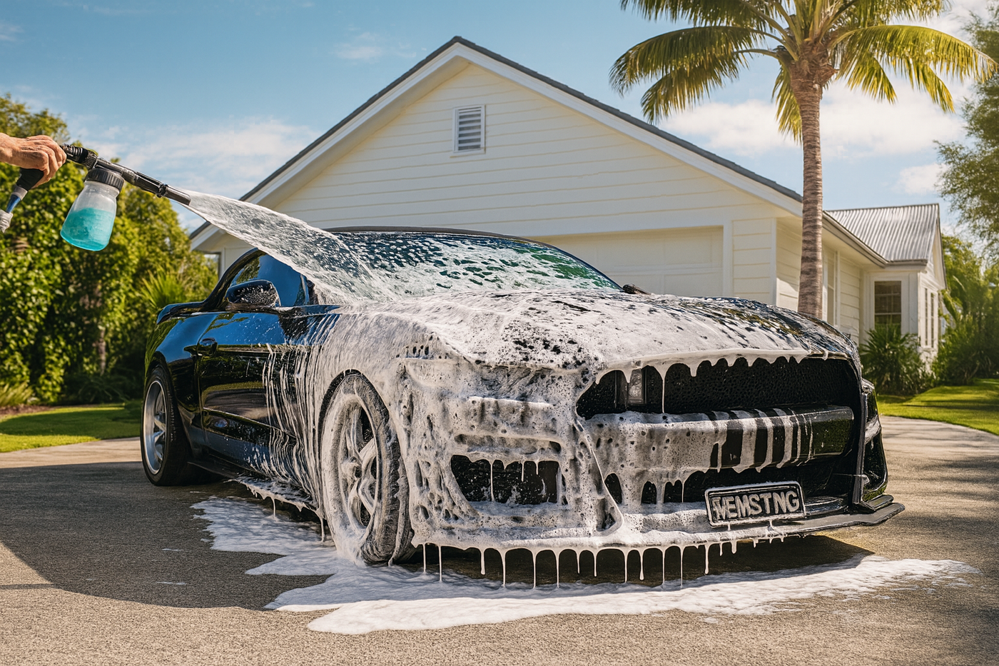 Car being washed with a soapy solution in front of a house with palm trees.