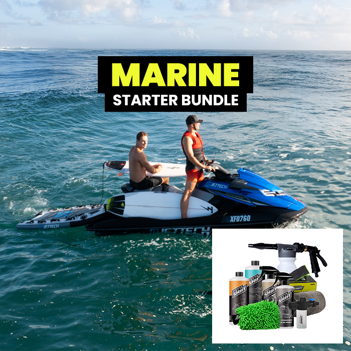 Two people on a jet ski in the ocean with a 'Marine Starter Bundle' text overlay. product-cover