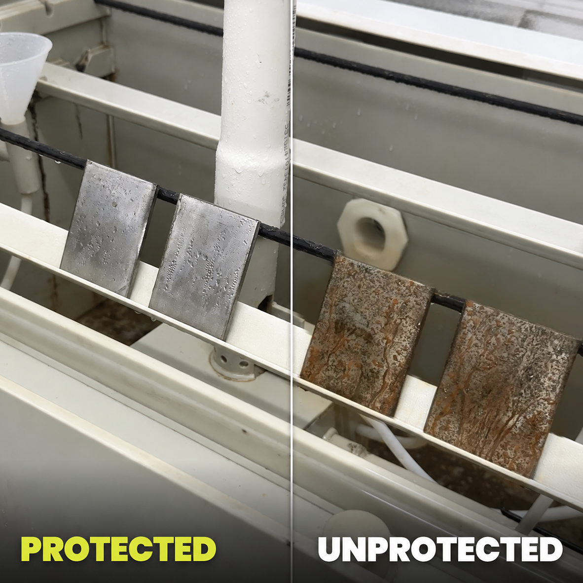 A split comparison showing metal protective coatings on a boat or vessel interior. The left side labeled 'PROTECTED' shows two silver metal plates with a dark, clean coating.