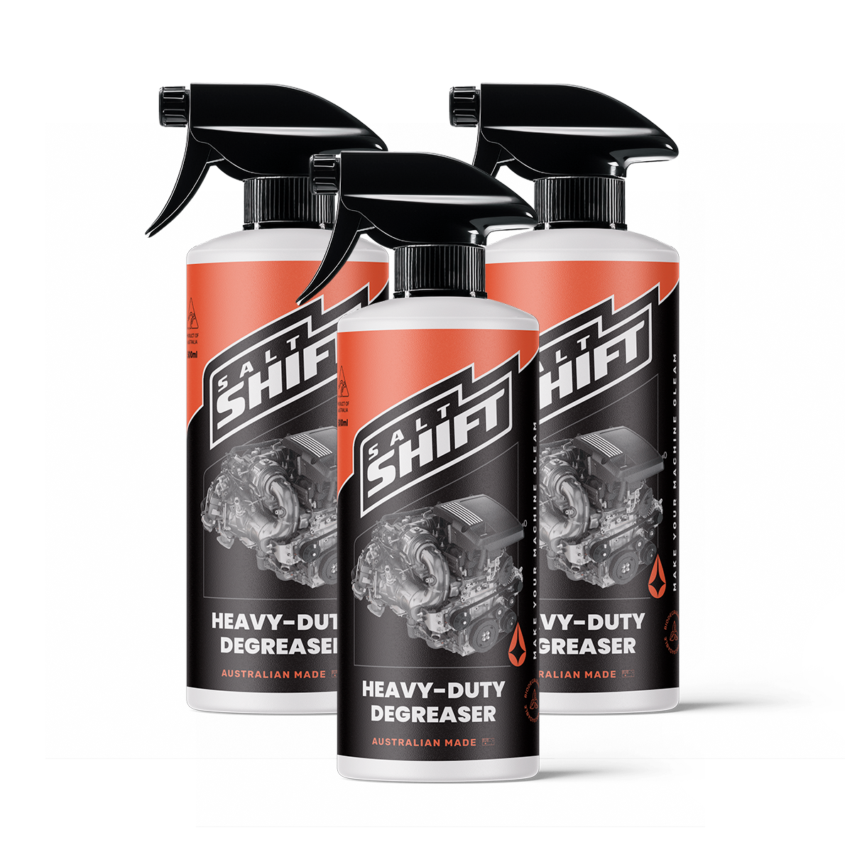 Three bottles of Salt Shift Heavy-Duty Degreaser on a white background