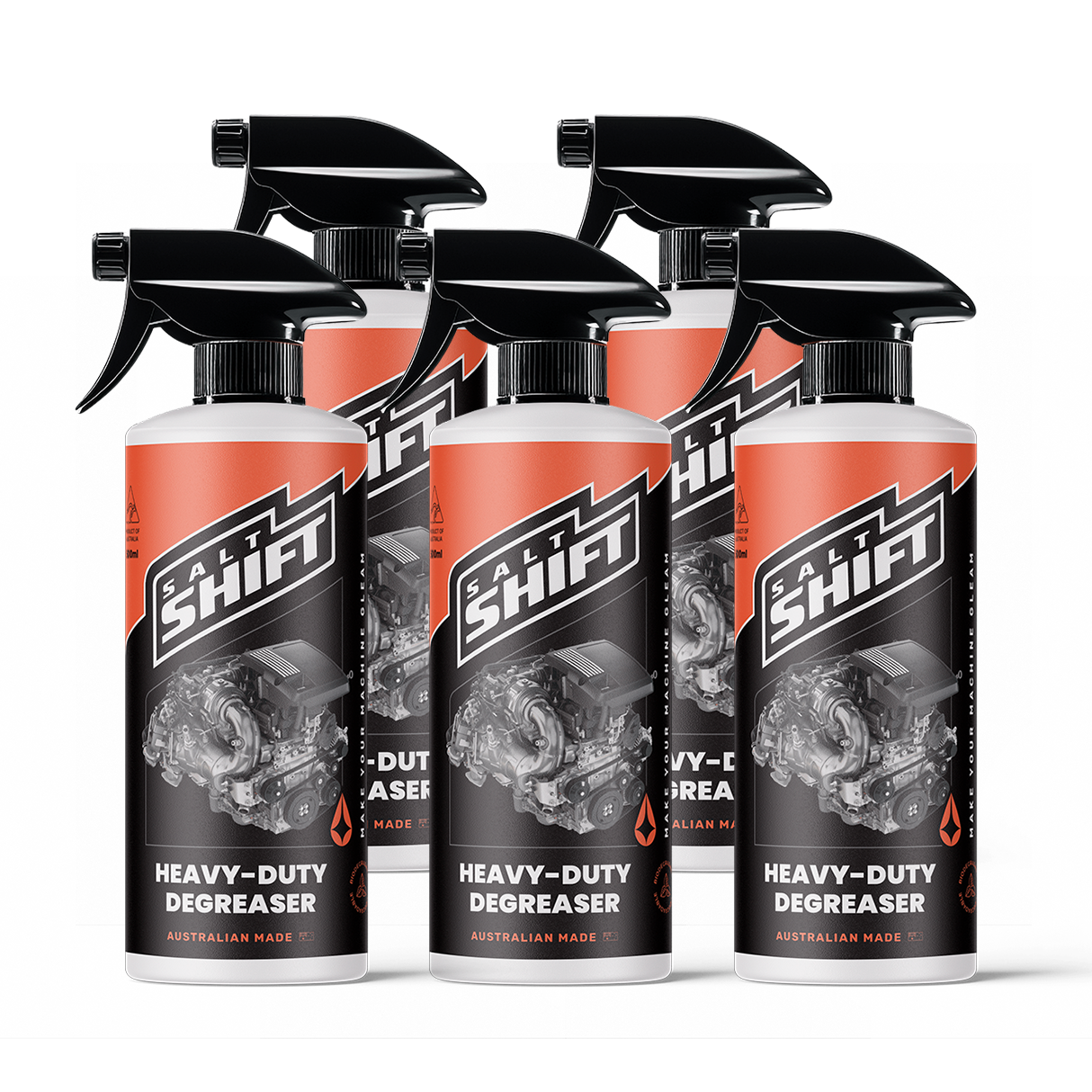 Five bottles of Salt Shift Heavy-Duty Degreaser on a white background