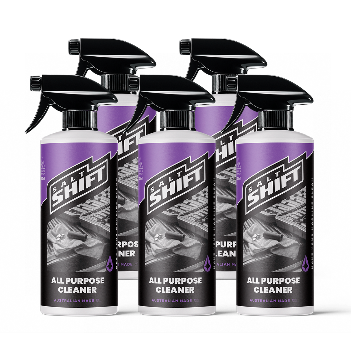 Five bottles of Salt Shift all-purpose cleaner on a white background