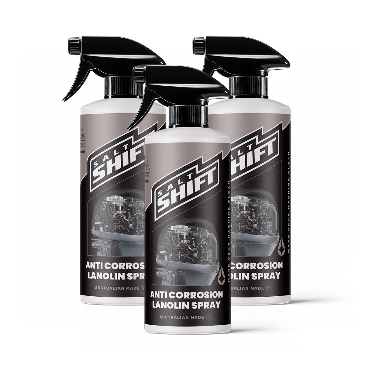 Three bottles of Salt Shift Anti Corrosion Lanolin Spray on a white background