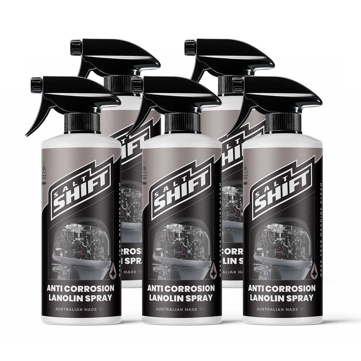 Five bottles of Salt Shift anti-corrosion lanolin spray on a white background