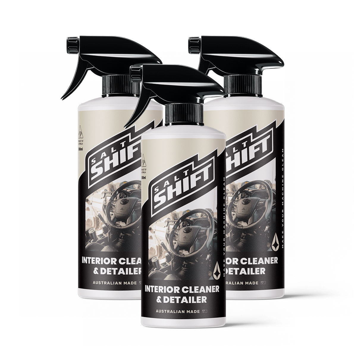Three bottles of Shift Interior Cleaner & Detailer on a white background
