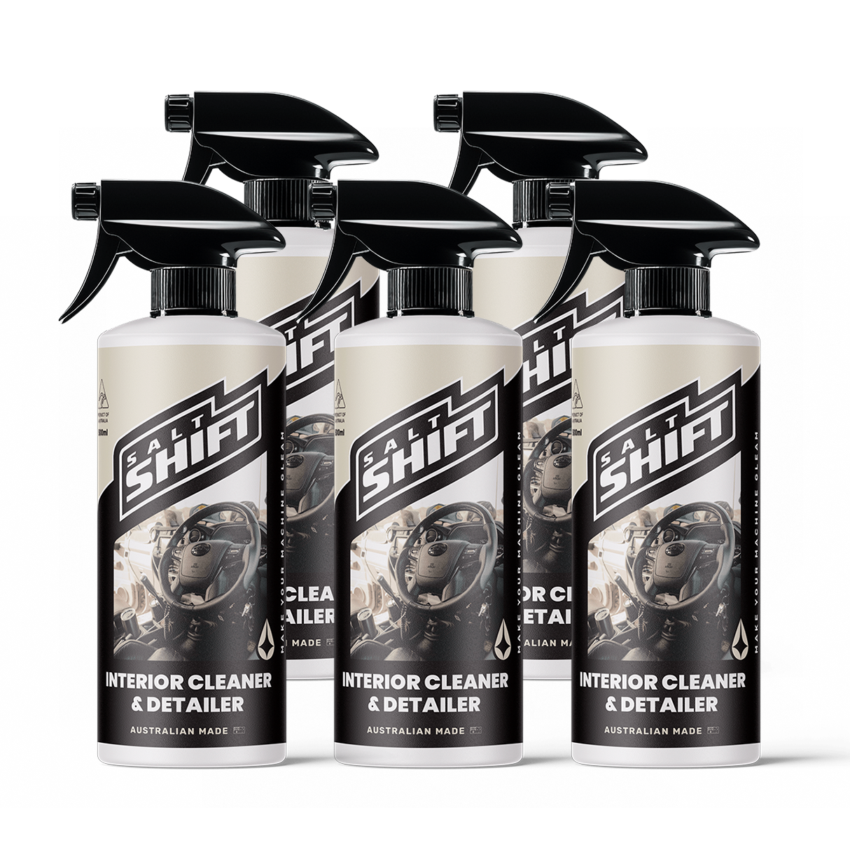 Five bottles of Salt Shift Interior Cleaner & Detailer on a white background