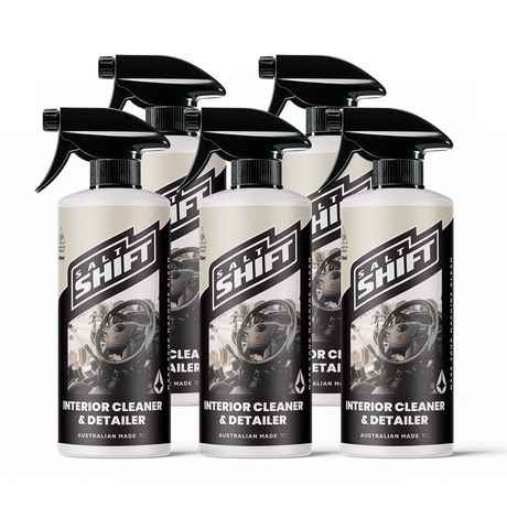 Five bottles of Salt Shift Interior Cleaner & Detailer on a white background