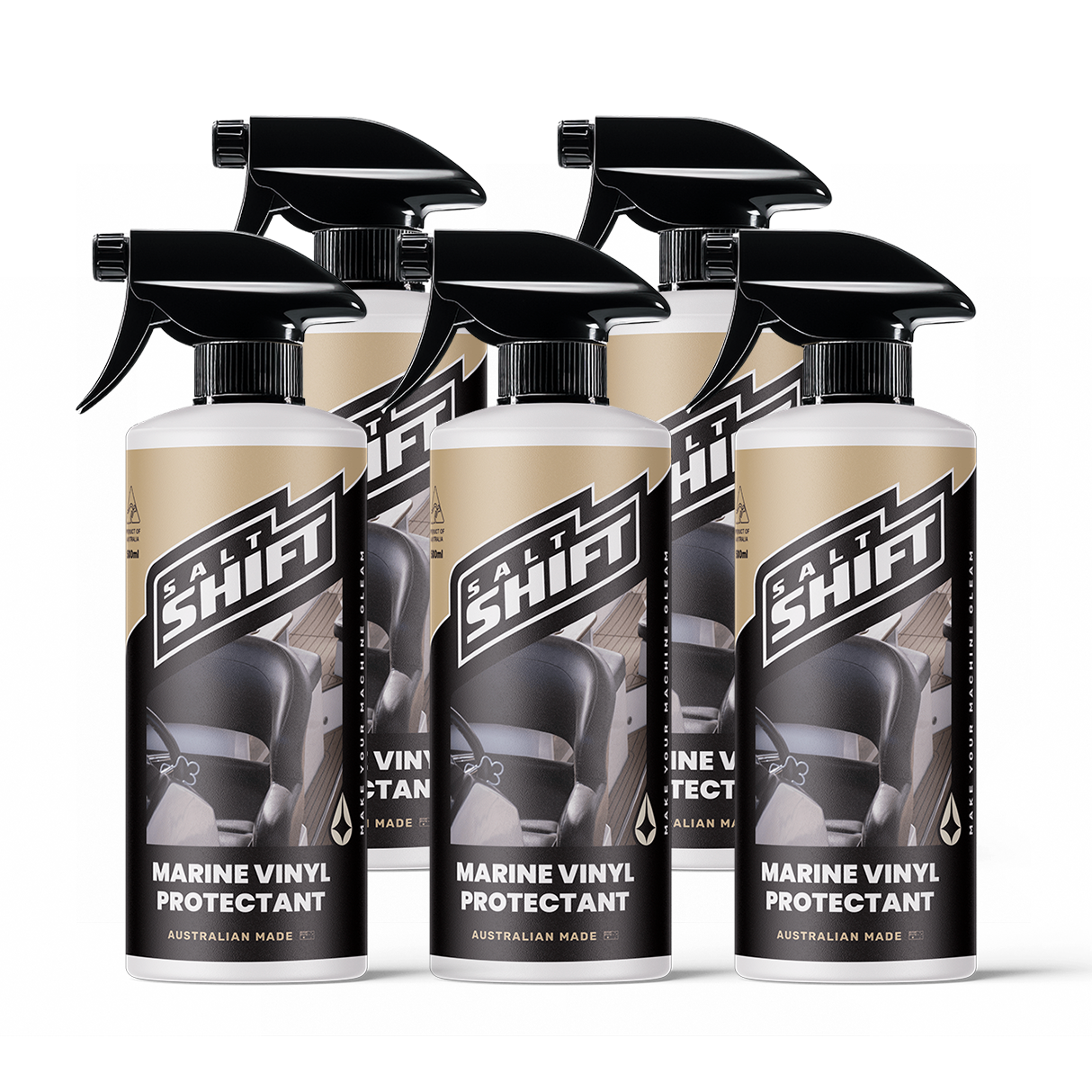Five bottles of Salt Shift Marine Vinyl Protectant on a white background