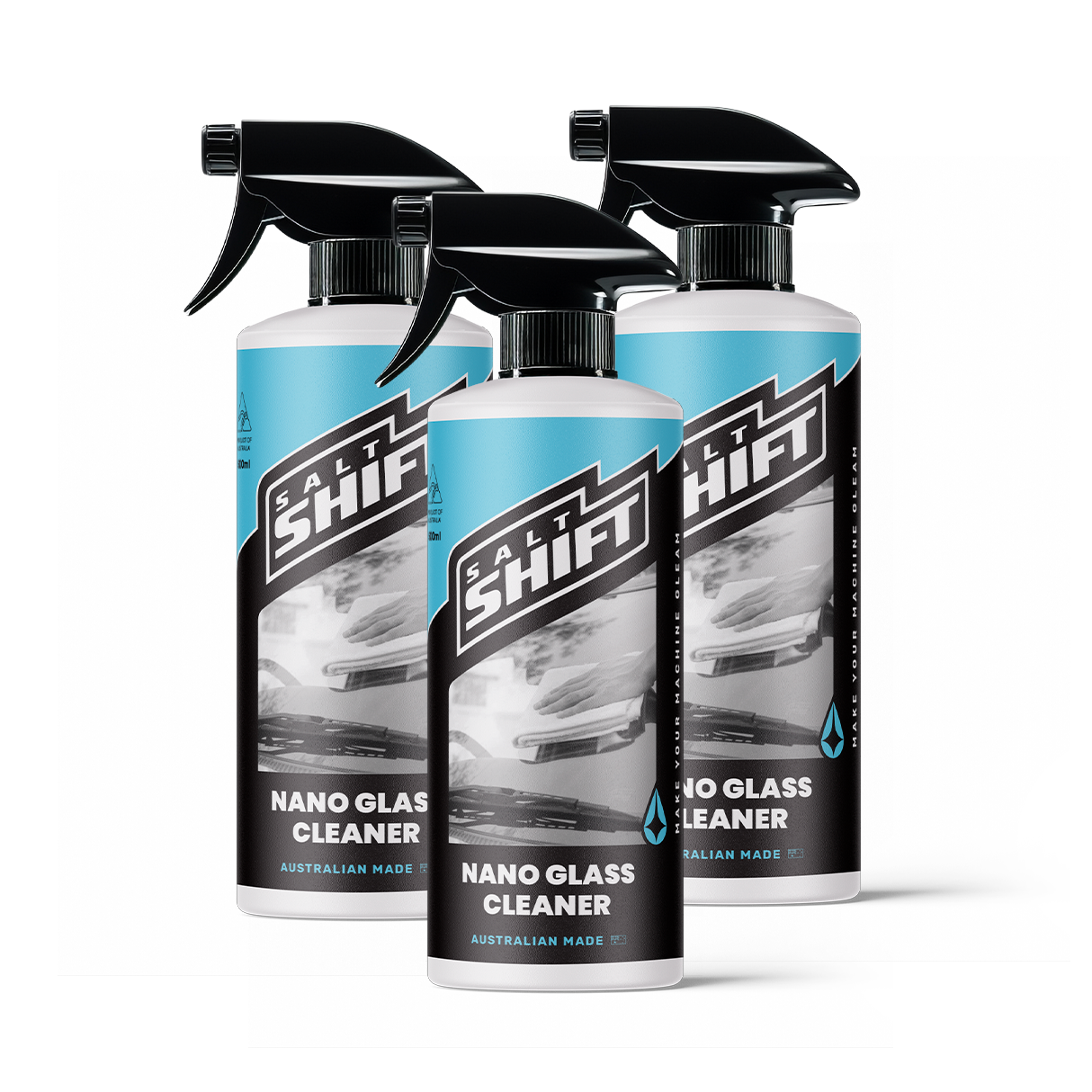 Three bottles of Shift Nano Glass Cleaner on a white background
