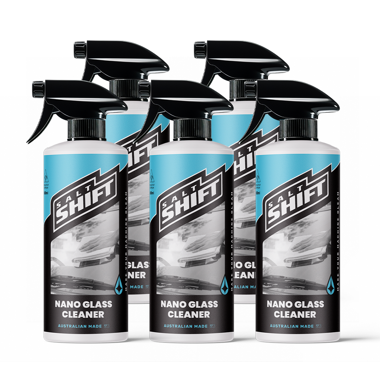 five bottles of Salt Shift Nano Glass Cleaner on a white background