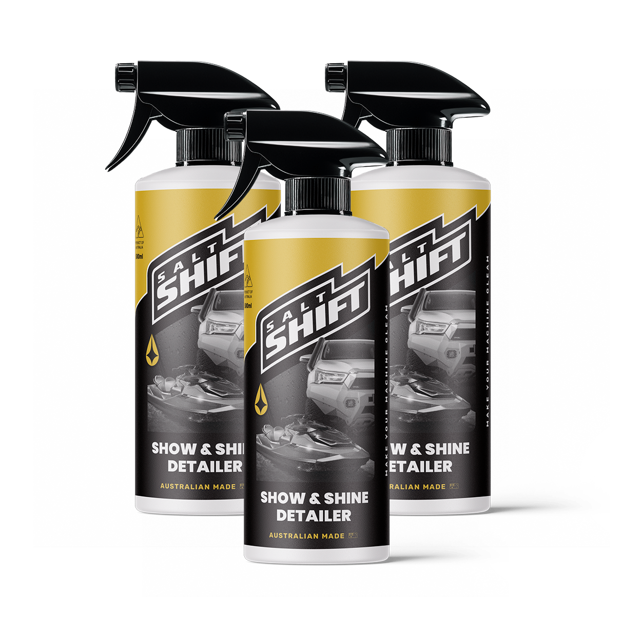 Three bottles of Salt Shift Show & Shine Detailer on a white background