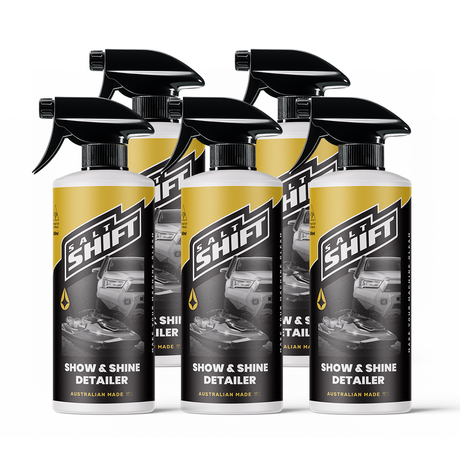 Five bottles of Salt Shift Show & Shine Detailer on a white background