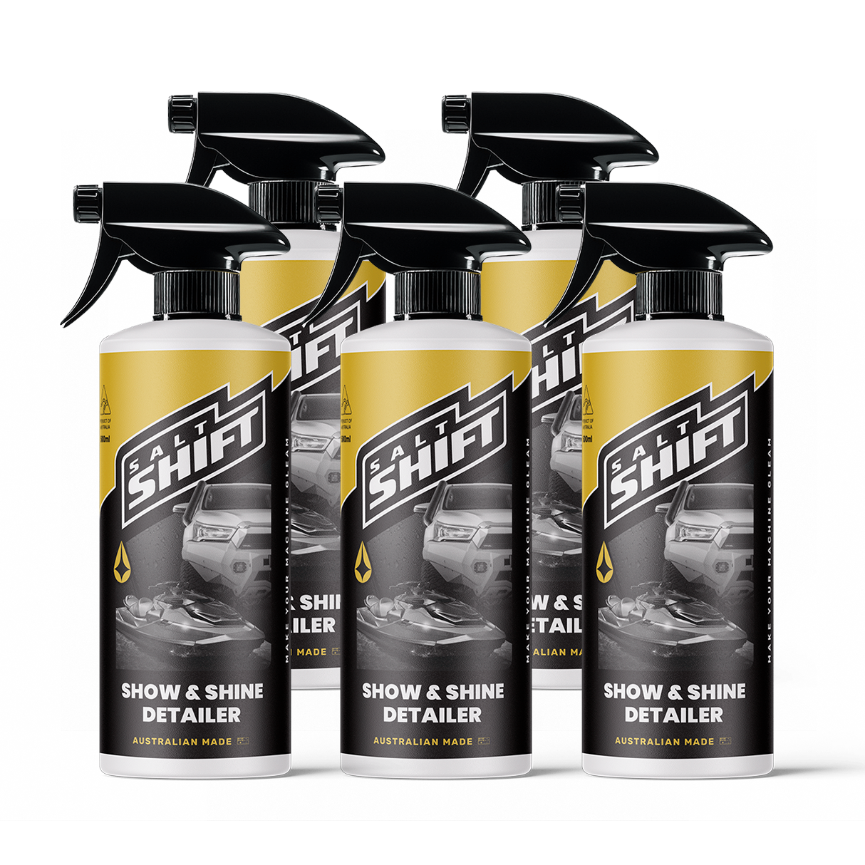 Five bottles of Salt Shift Show & Shine Detailer on a white background