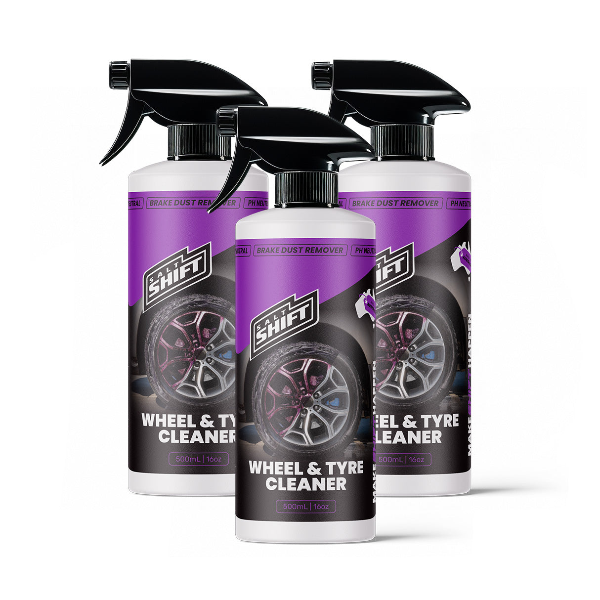 Three bottles of Shift Wheel & Tyre Cleaner on a white background