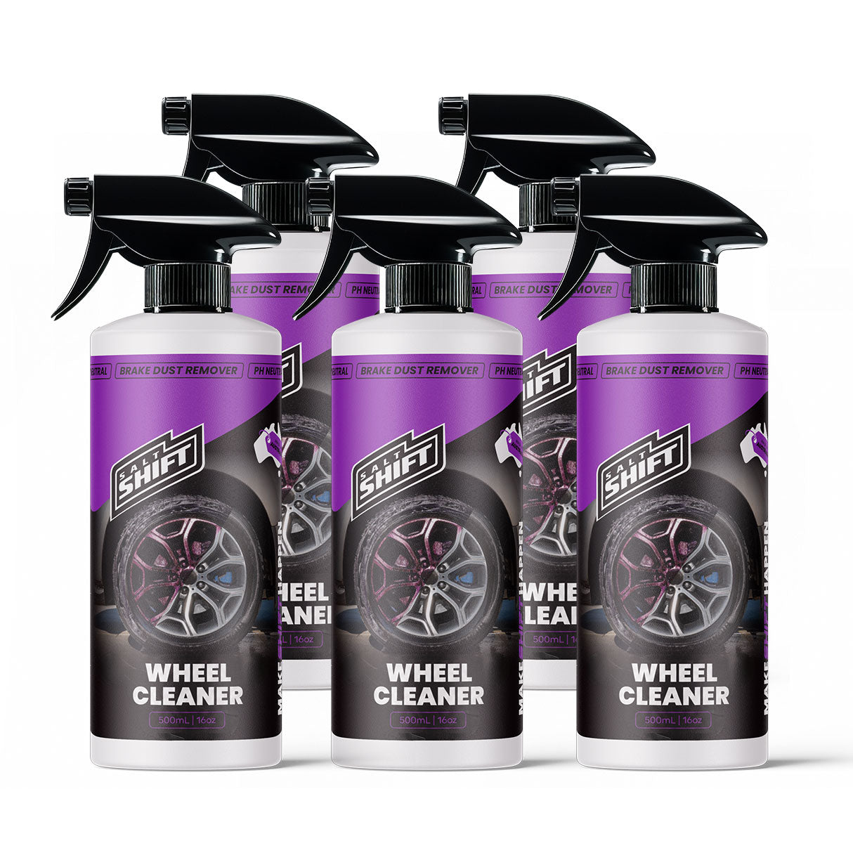 Multiple bottles of Shift Wheel & Tyre Cleaner on a white background
