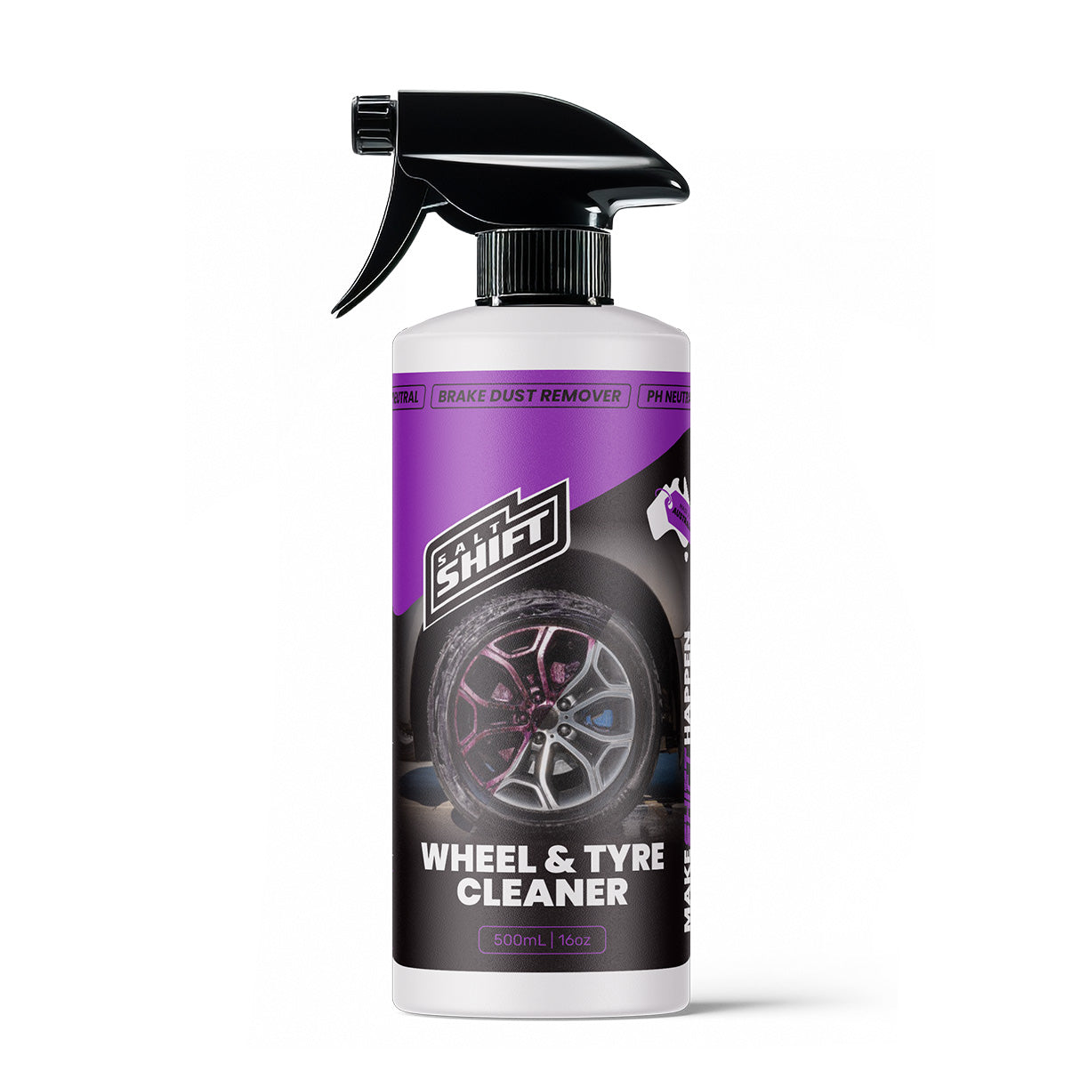 Wheel and tyre cleaner spray bottle with purple label on a white background