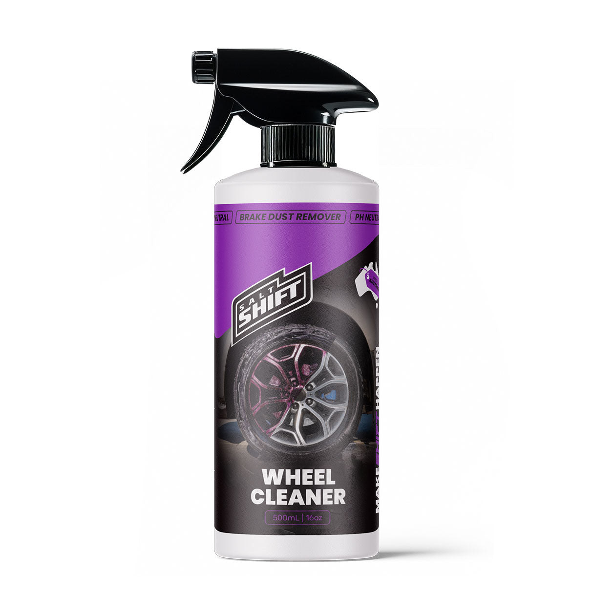 Wheel and tyre cleaner spray bottle with purple label on a white background