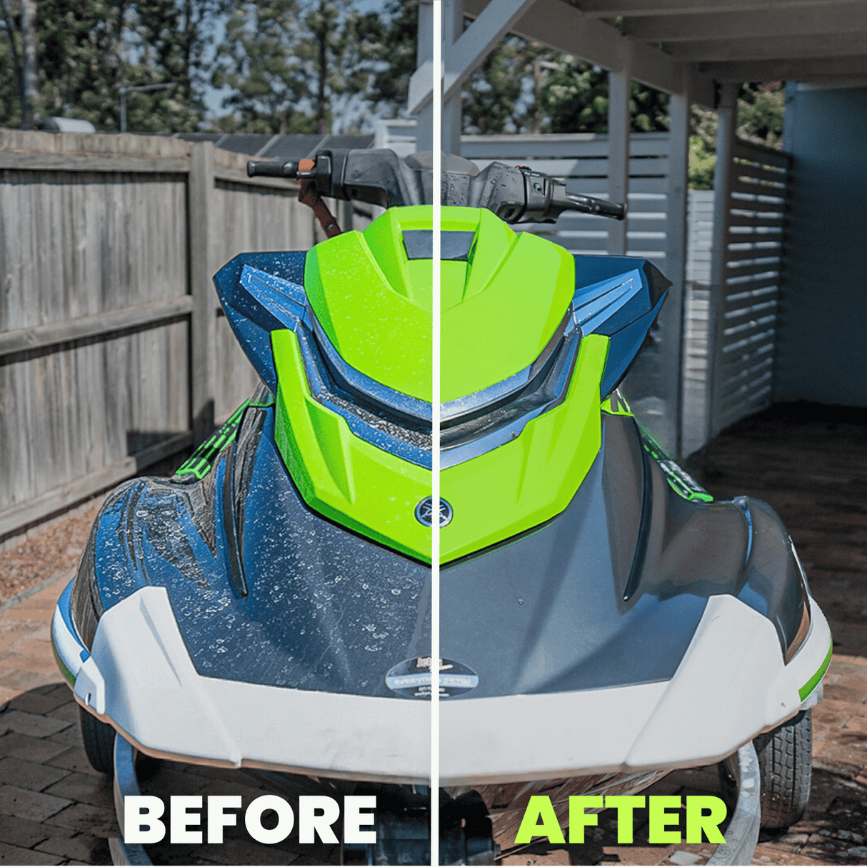 Before and after using Salt Shift cleaner on a jet ski, removing salt buildup and restoring a bright, polished finish.