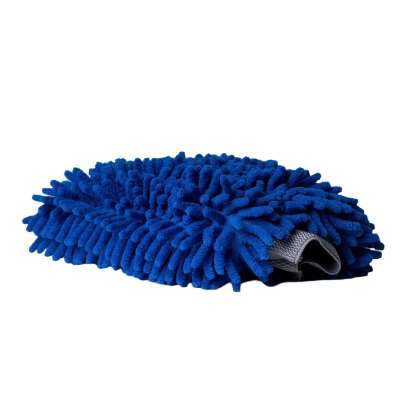 photo of blue microfibre wash mitt with grey background