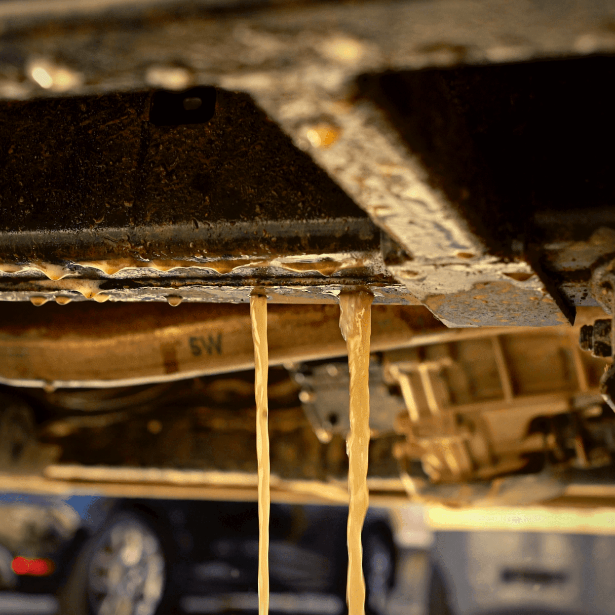 Dirty water drains from a 4x4 chassis after using a Salt Shift underbody wash.