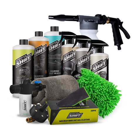 4x4 care products including bottles, a spray gun, gloves, and cloths on a white background.