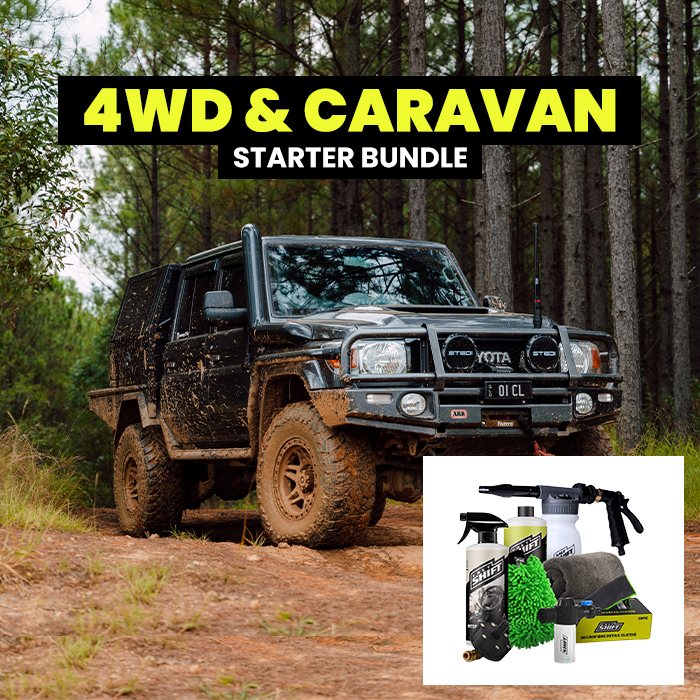 4WD vehicle on a dirt road with '4WD & Caravan Starter Bundle' text and cleaning products inset.