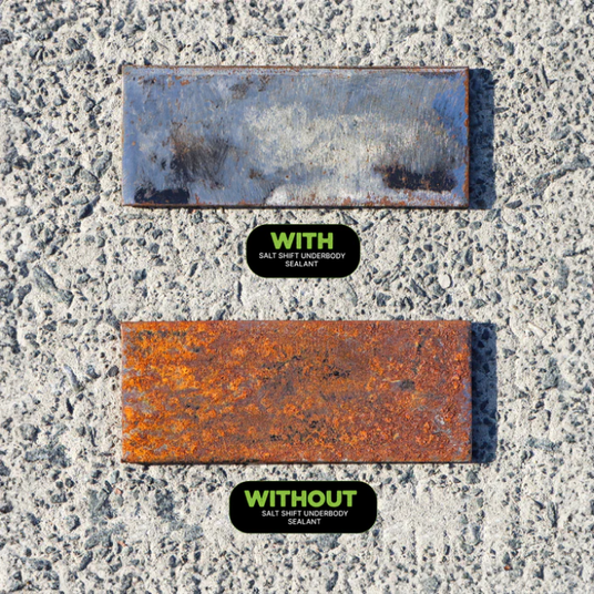 Comparison of metal plates with and without Salt Shift Underbody Sealant, showing rust prevention effectiveness.