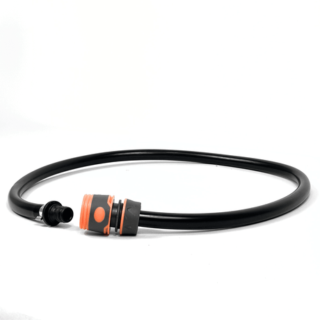 A black hose with an orange and grey quick-connect coupling on one end and a black nozzle on the other, coiled on a white background."