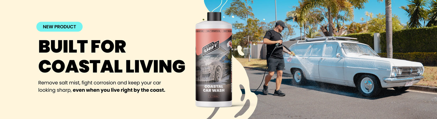 Car wash product bottle with text 'Built for Coastal Living' and a scenic background.