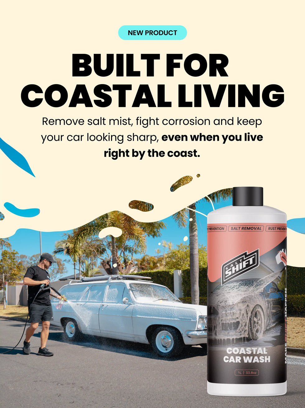 new car wash product designed for coastal living, featuring a bottle of the product and a person cleaning a car.