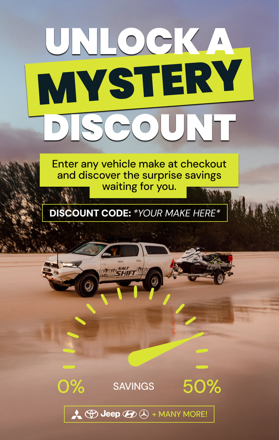 Promotional poster for a mystery discount on vehicle purchases with a truck and trailer in the background.