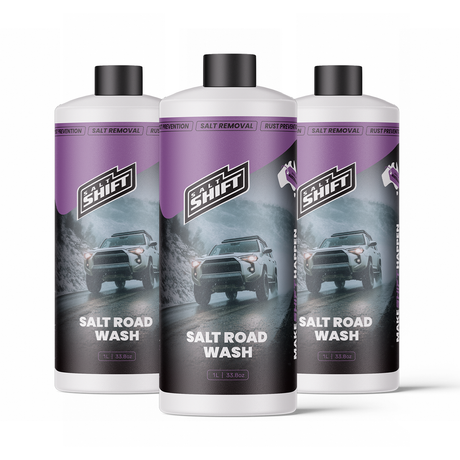 Three bottles of 'Shift' Salt Road Wash on a white background