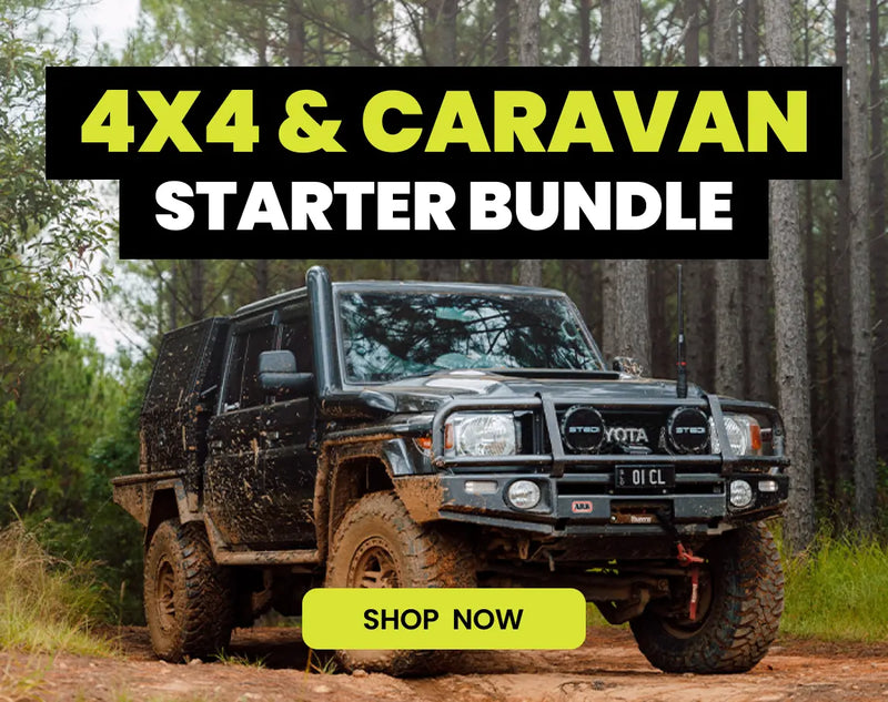 4x4 vehicle on a forest road with '4x4 & Caravan Starter Bundle' text and 'Shop Now' button.