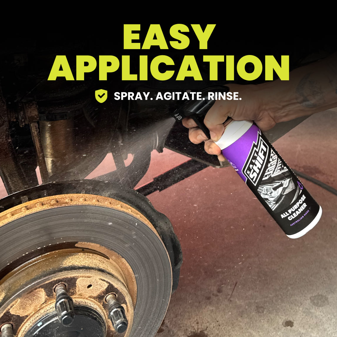 Person using a spray can to clean a car wheel with text 'Easy Application' and steps 'Spray, Agitate, Rinse'.