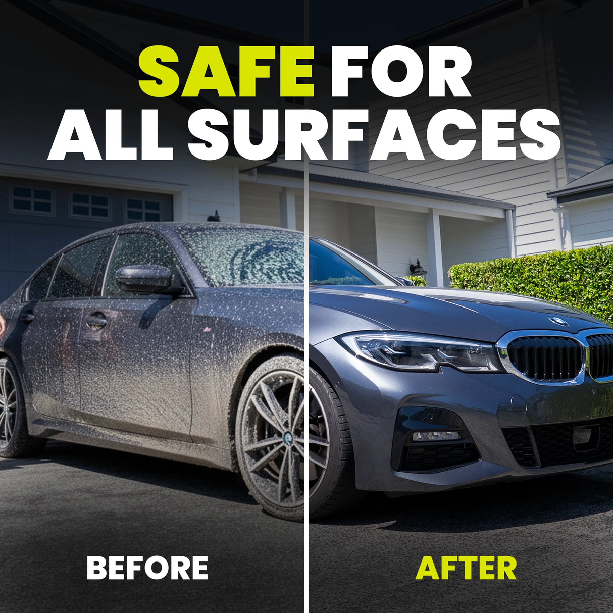 Before and after comparison of a car with 'Safe for all surfaces' text.